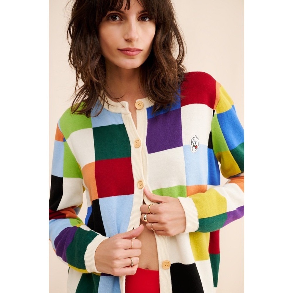 Kina & Tam Cubis Multicolor Patchwork Block Knit Cardigan Sweater M
